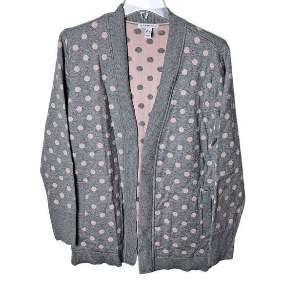 Isaac Mizrahi Live! QVC Women Medium Gray & Pink Polka Dot Open Cardigan Sweater - Picture 2 of 6